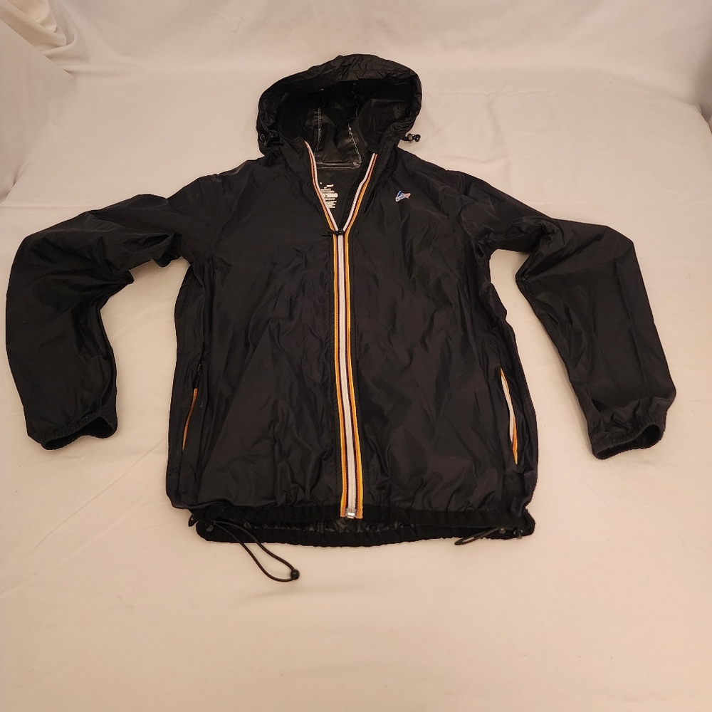 K-Way Black Hooded Windbreaker with Yellow Trim